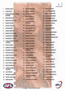 2003 Select XL Ultra AFL #1 Checklist Back